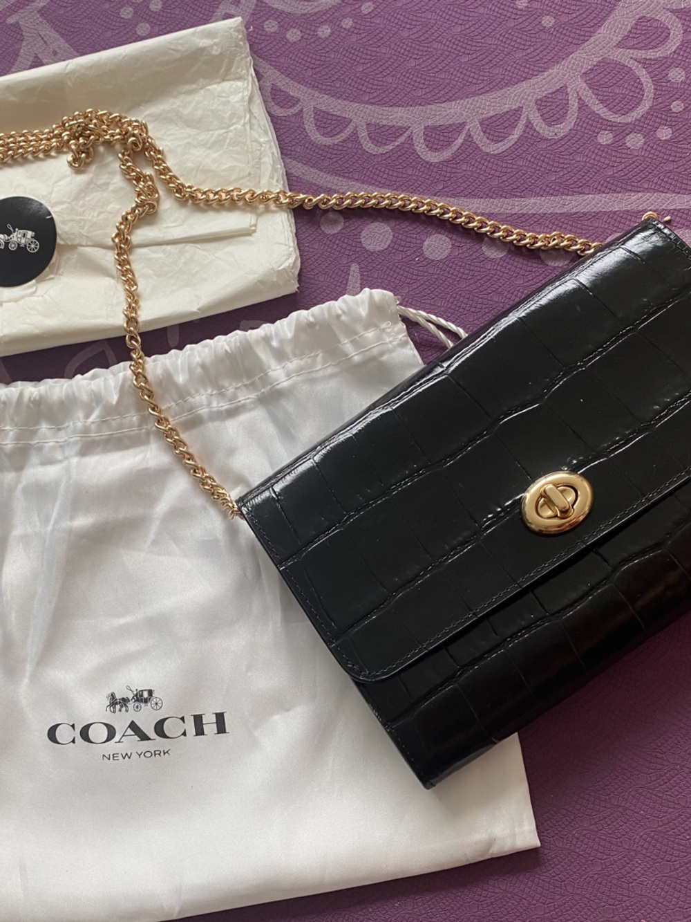 COACH Black Croc-Embossed Leather Crossbody with Gold Chain